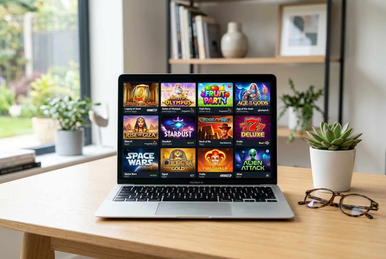 Logotypy i grafiki popularnych gier kasynowych na ekranie laptopa