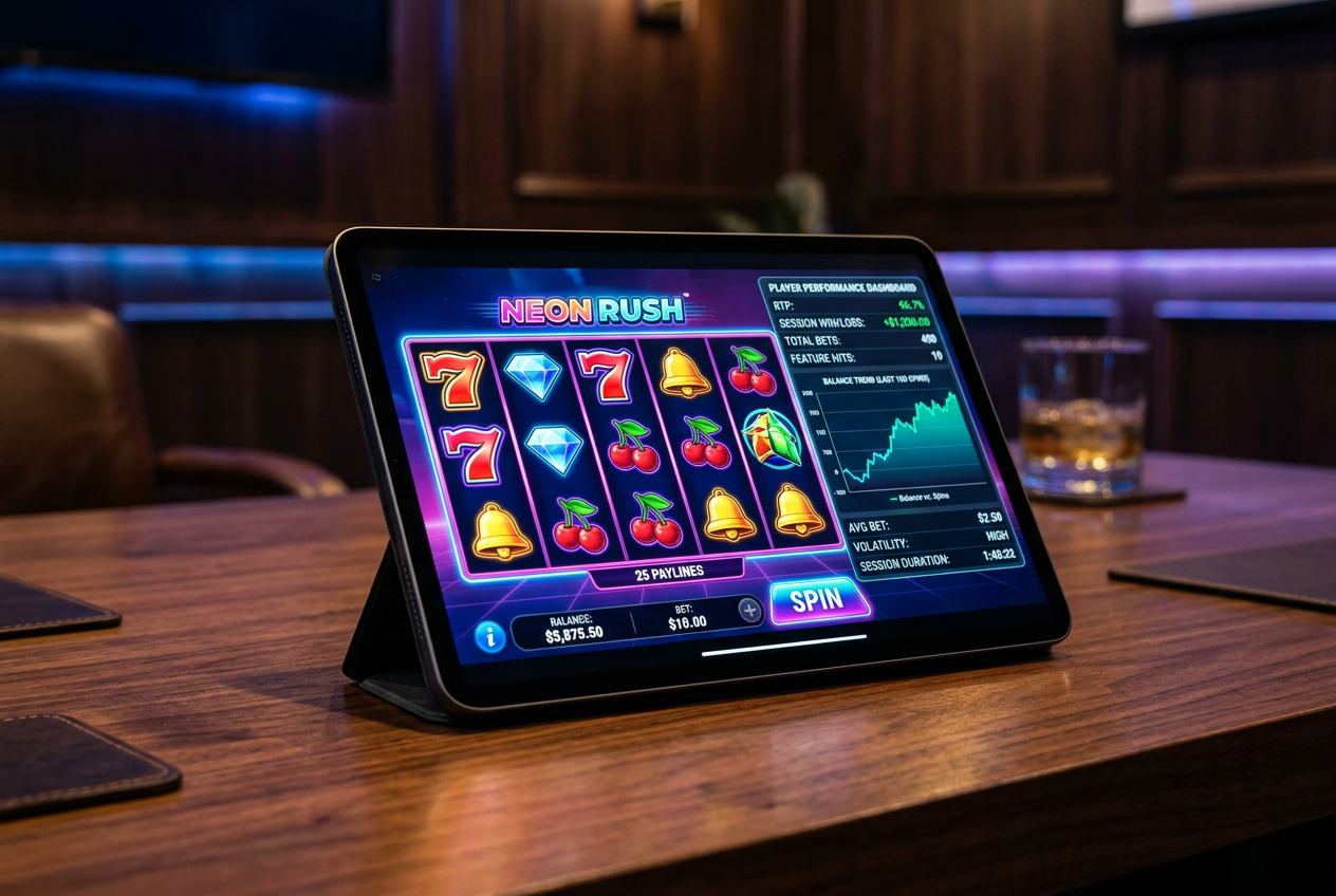 Nowoczesny interfejs gry kasynowej na tablecie z widocznymi statystykami